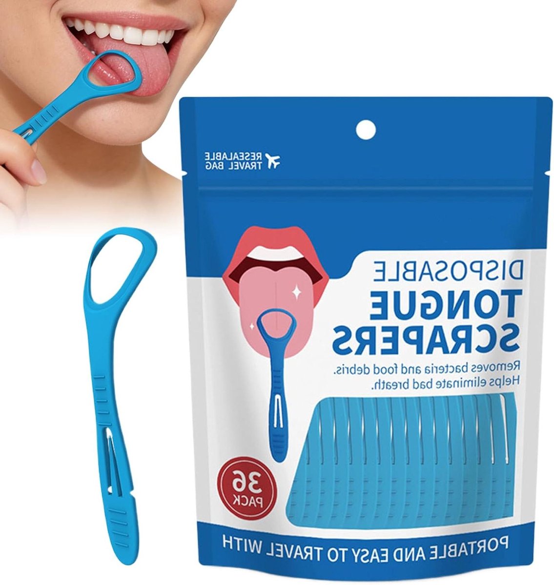 Tongreiniger Set - Mondverzorging Hulpmiddel - Dagelijkse Mondhygiëne - Opvouwbaar Compact Ontwerp - 36 Stuks - Blauw