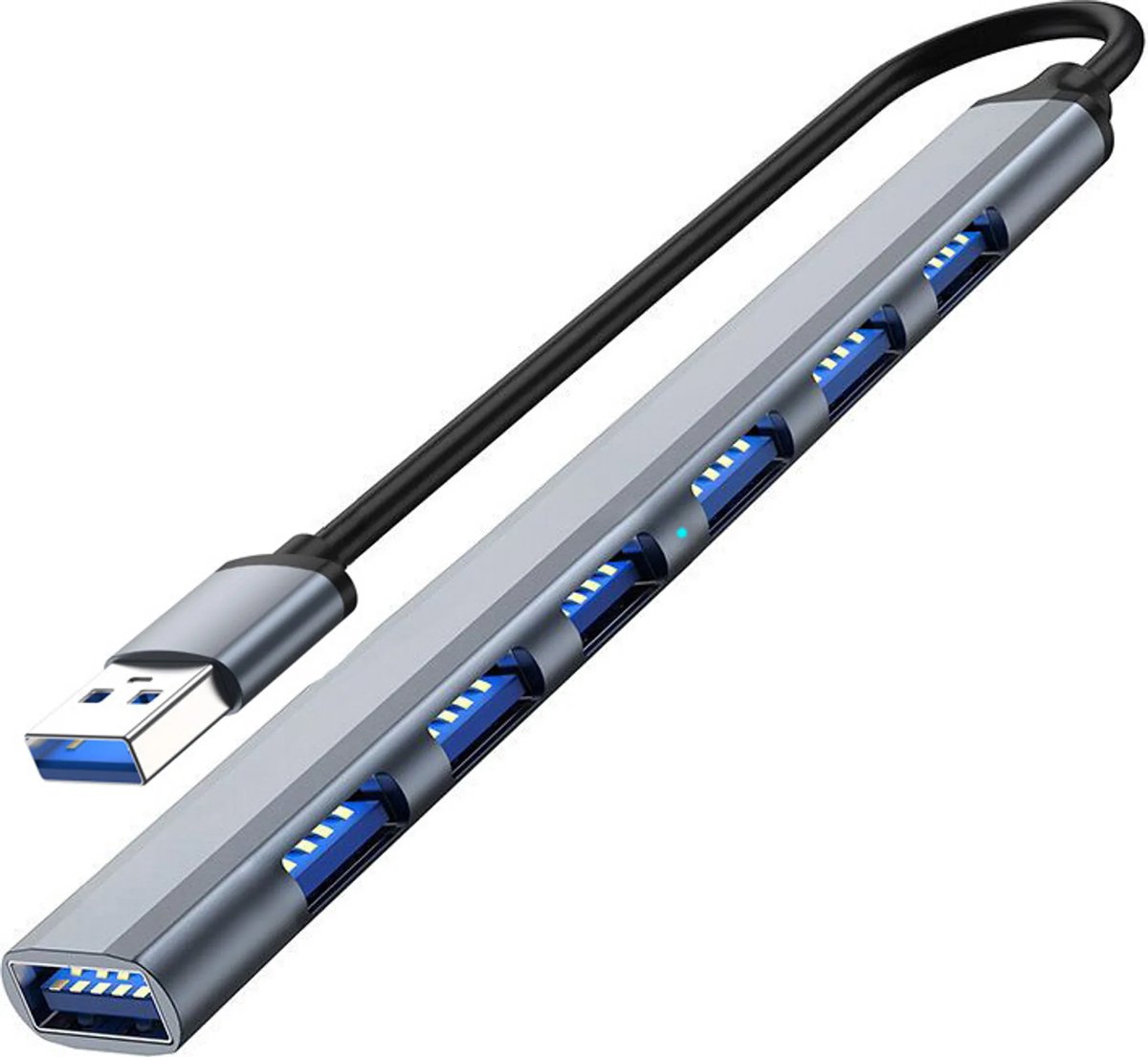 USB 3.0 naar USB 2.0/3.0 USB-hub, 7 poorten, zilvergrijs.