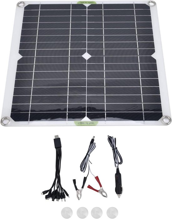 Zwart zonnepaneel met wit frame, oogjes en kabels met autolader, krokodillenklemmen en USB-adapters.
