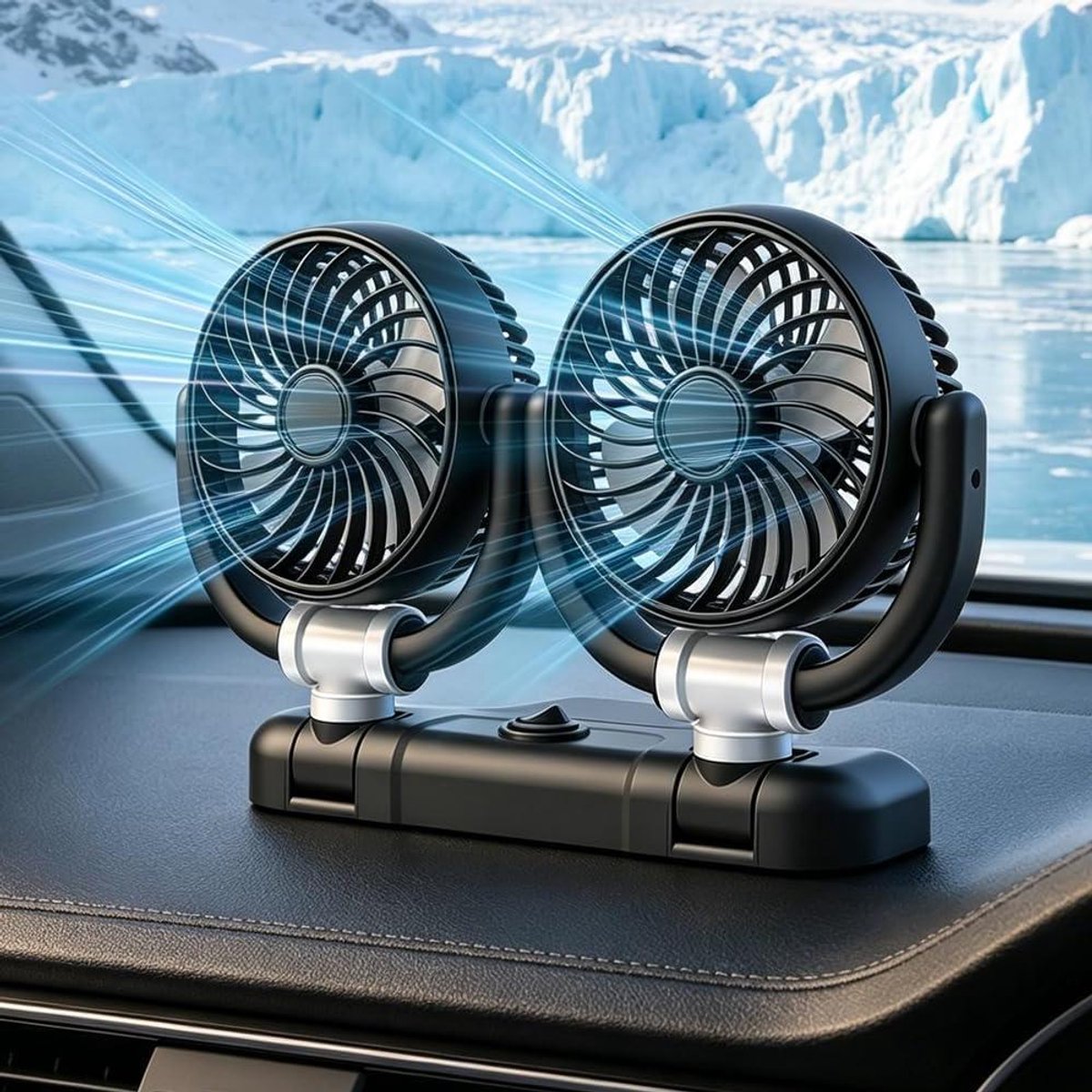 Autoventilator, 5 V dubbele kopventilator voor auto, autokoelventilator, 360 graden draaibare autoventilator, USB dubbele kop, autoventilator met 2 snelheden, auto-koelluchtventilator voor vrachtwagen