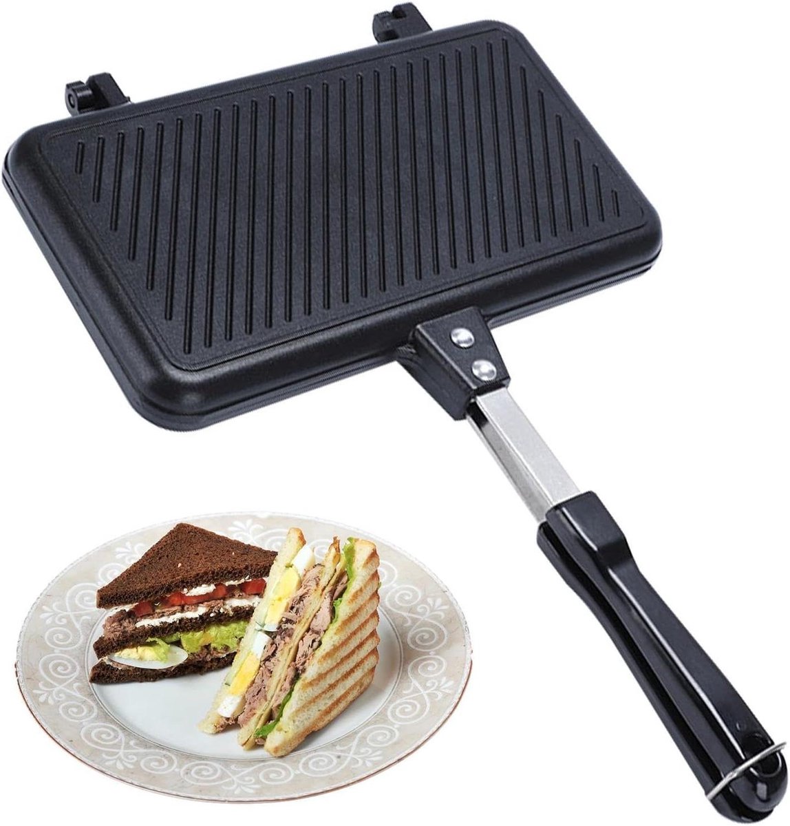 Dubbelzijdige Pan Sandwichmaker Grill Warme Broodjes Maken Afneembaar Ontwerp 24 cm Breed Zwart