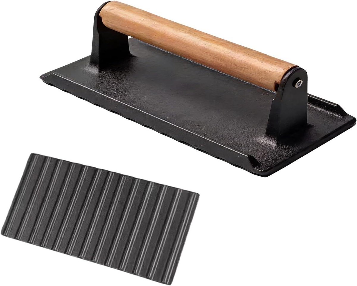 Gietijzeren grillpers - Rechthoekige pers - Maaltijd bereiden - Houten handvat - 16 x 8 cm - Zwart