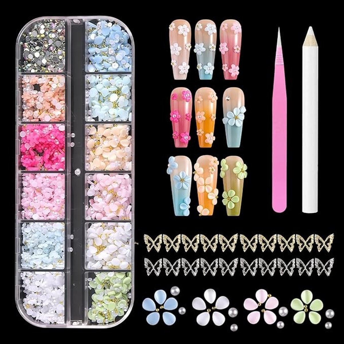 Nagelkunst set met 2000+ edelstenen, kaviaar kralen en 3D bloemblaadjes
