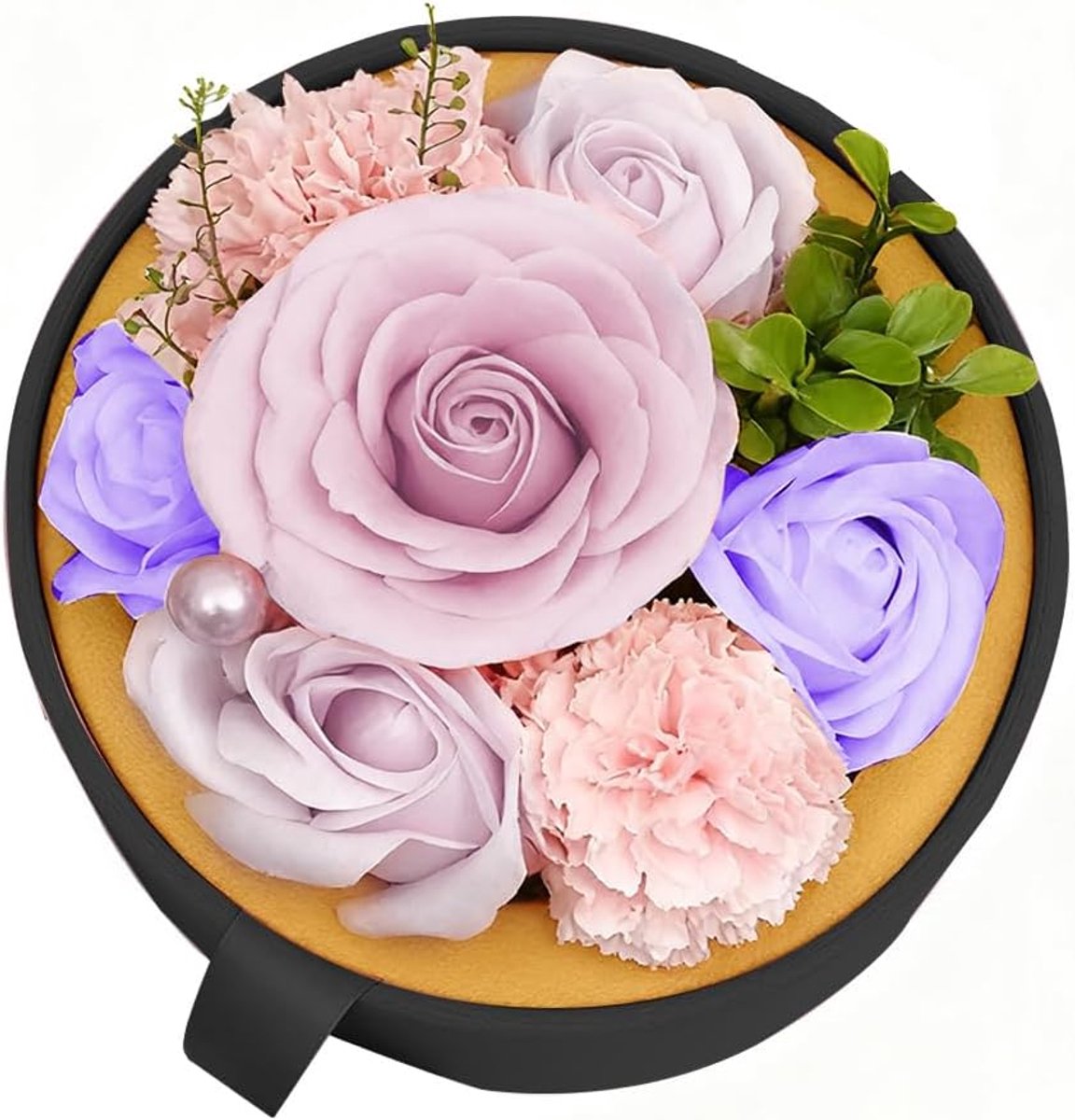Luxe rozenbox - Zeepbloemen boeket - Wellness cadeau - Handgemaakt geitenmelkzeep - 15x15x15 cm - Lavendelpaars