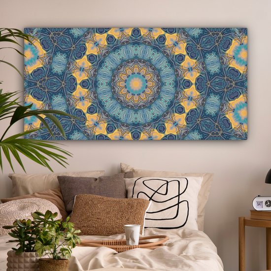 Canvas schilderij 160x80 cm - Wanddecoratie Cirkel - Blauw - Mandala - Muurdecoratie woonkamer - Slaapkamer decoratie - Kamer accessoires - Schilderijen op canvas