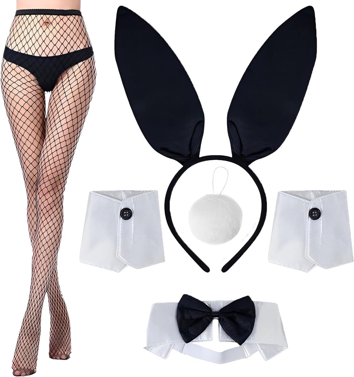 Vrouwelijk konijnen kostuum met oortjes, strik, halsband, manchet en staart voor Pasen en feestjes