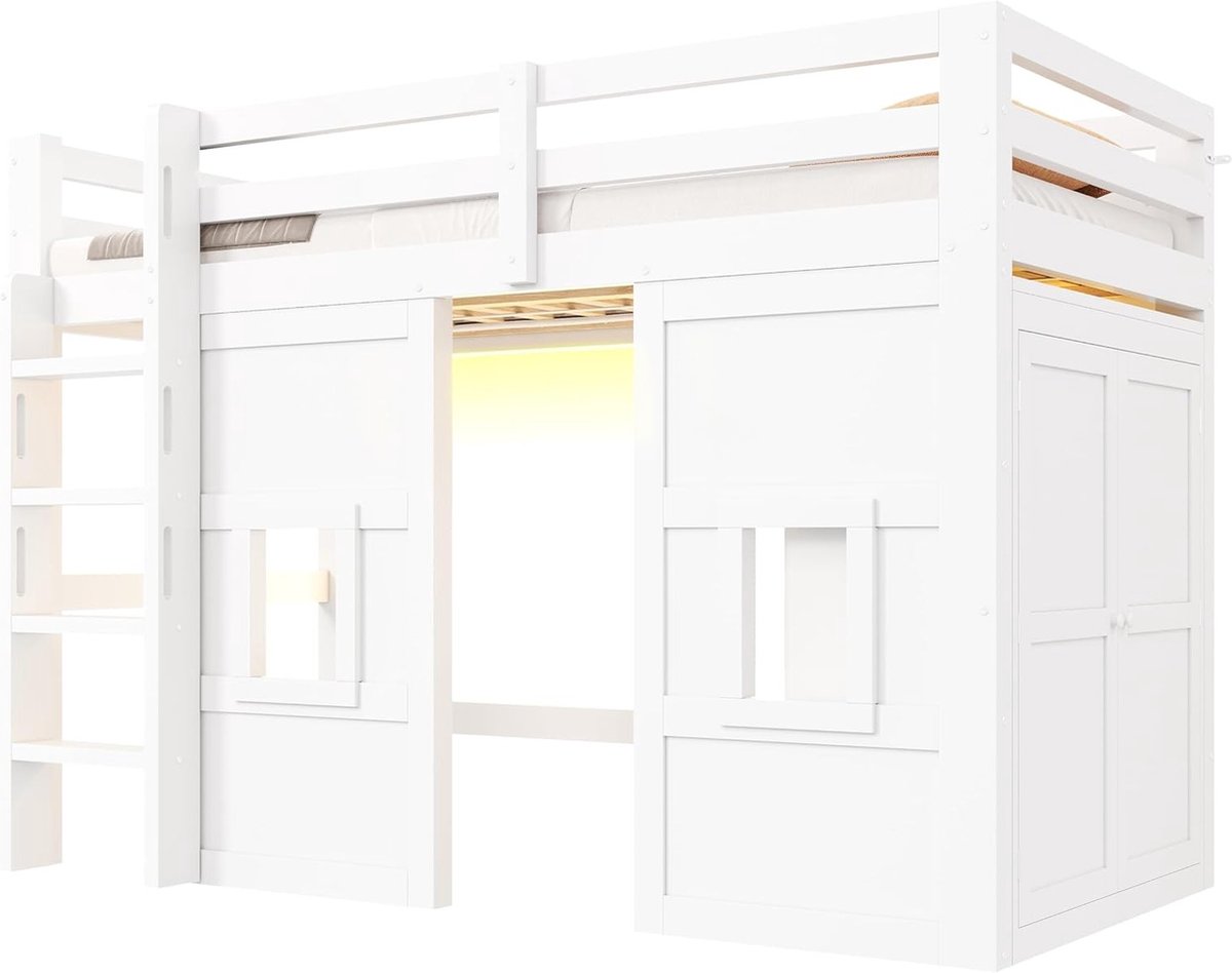 Hoogslaper - 90x200 - Hout Hoogslaper Met Ingebouwde Kledingkast 2 Ramen LED Verlichting - compacte opbergoplossing - Hout - Wit