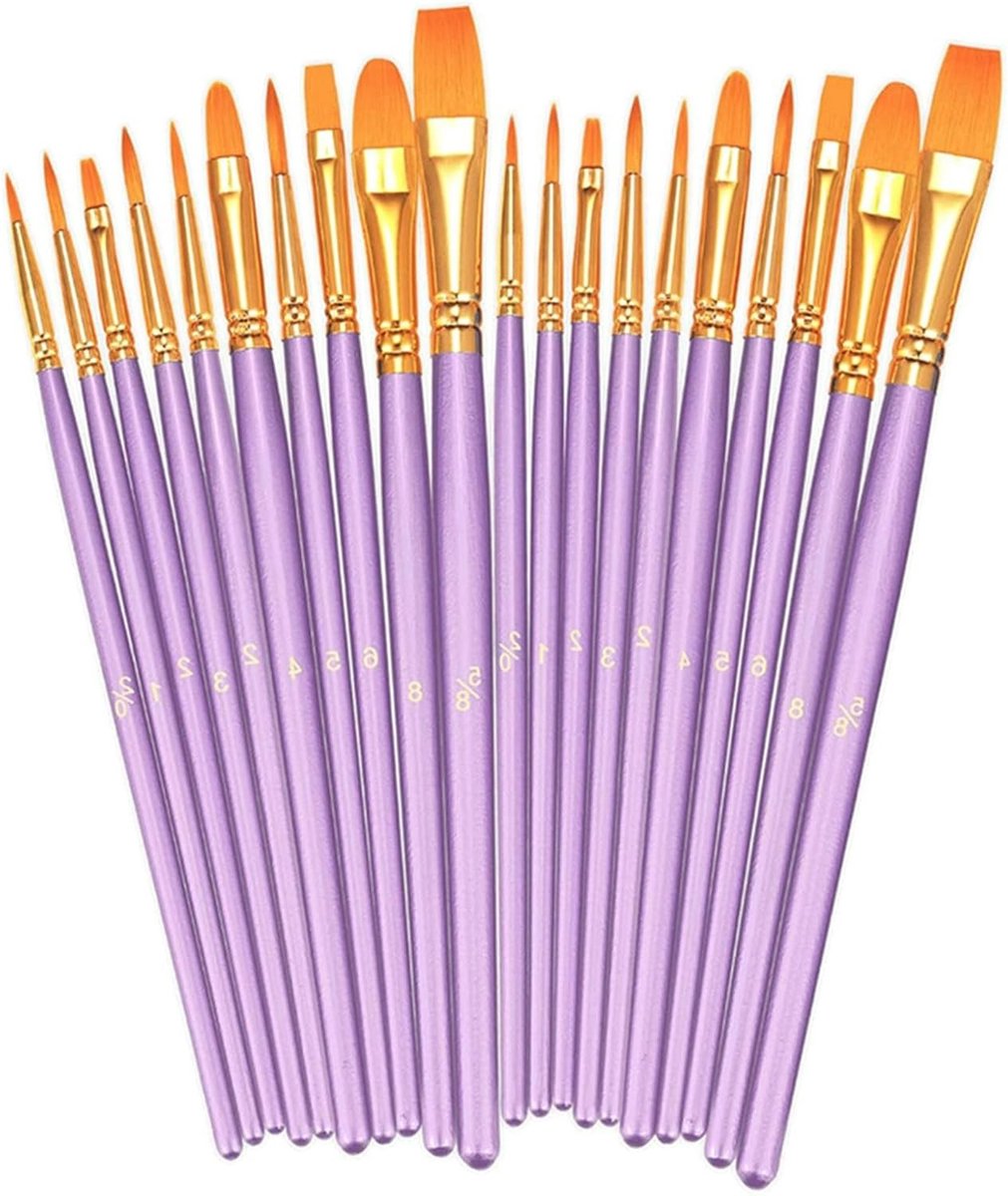 Premium Nylon Penseelset voor Waterverf, Olieverf en Acryl - 20 Stuks met Houten Handvat voor Miniaturen en Keramiek Schilderen
