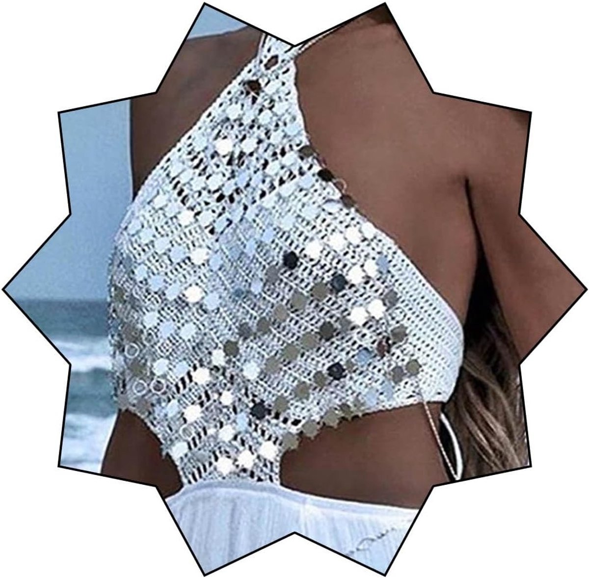 Boho Body Chain voor Dames met Zilveren Pailletten | Sexy Borstketting en Top Accessoires voor Zomer, Strand en Feestjes