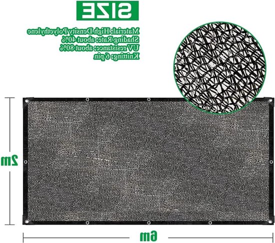 40% schaduwstof met ringen, 2 x 6 m, tuinmas, schaduwzeil, HDPE, zonweringsnet, uv-bestendig net voor broeikasafdekking, terras, planten, bloemen, kippenhok en carport van Tuinmas — afbeelding 5