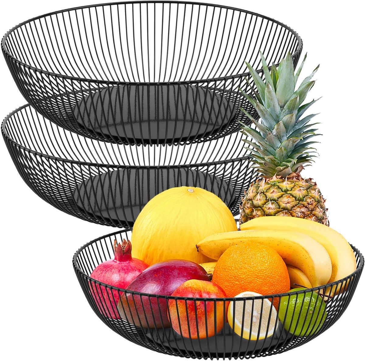 Fruitschaal Set - Draadmand Keuken - Fruit Groente Opslag - Set van Drie - 28 cm Breed - Zwart