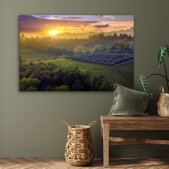 Aluminium schilderij 90x60 cm - Wanddecoratie metaal - Toscane - Landschap - Zon - Metalen muurdecoratie woonkamer - Decoratie industrieel - Foto op dibond - Industriële accessoires slaapkamer