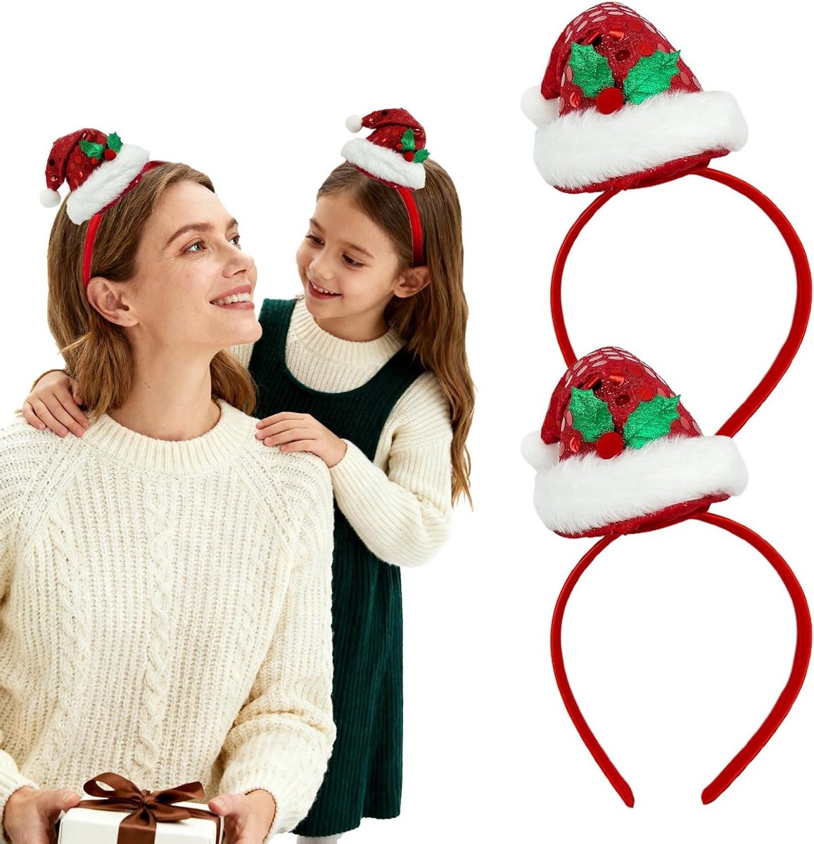 Mini Santa Hoedjes Haarbanden met Sequins en Hulst voor Kerst, Feestaccessoire voor Volwassenen en Kinderen, Schattige Kerstversiering en Kostuumdecoratie