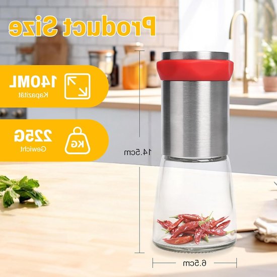RVS en Glas Chili Molen voor Gedroogde Peper en Grof Kruiden, Ideaal voor Specerijen en Kruidensets — afbeelding 5