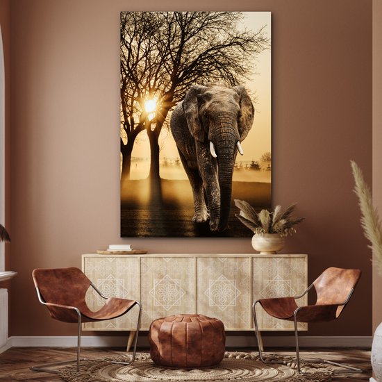 Décoration murale Métal - Aluminium - Eléphant - Arbre - Soleil - 120x180 cm