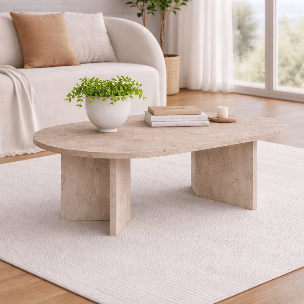 Dimehouse Ovale salontafel travertin melamine - Japandi - 119x60 cm - Sota - 119 x 60 x 40 cm - Hout - Japandi - Ovaal
