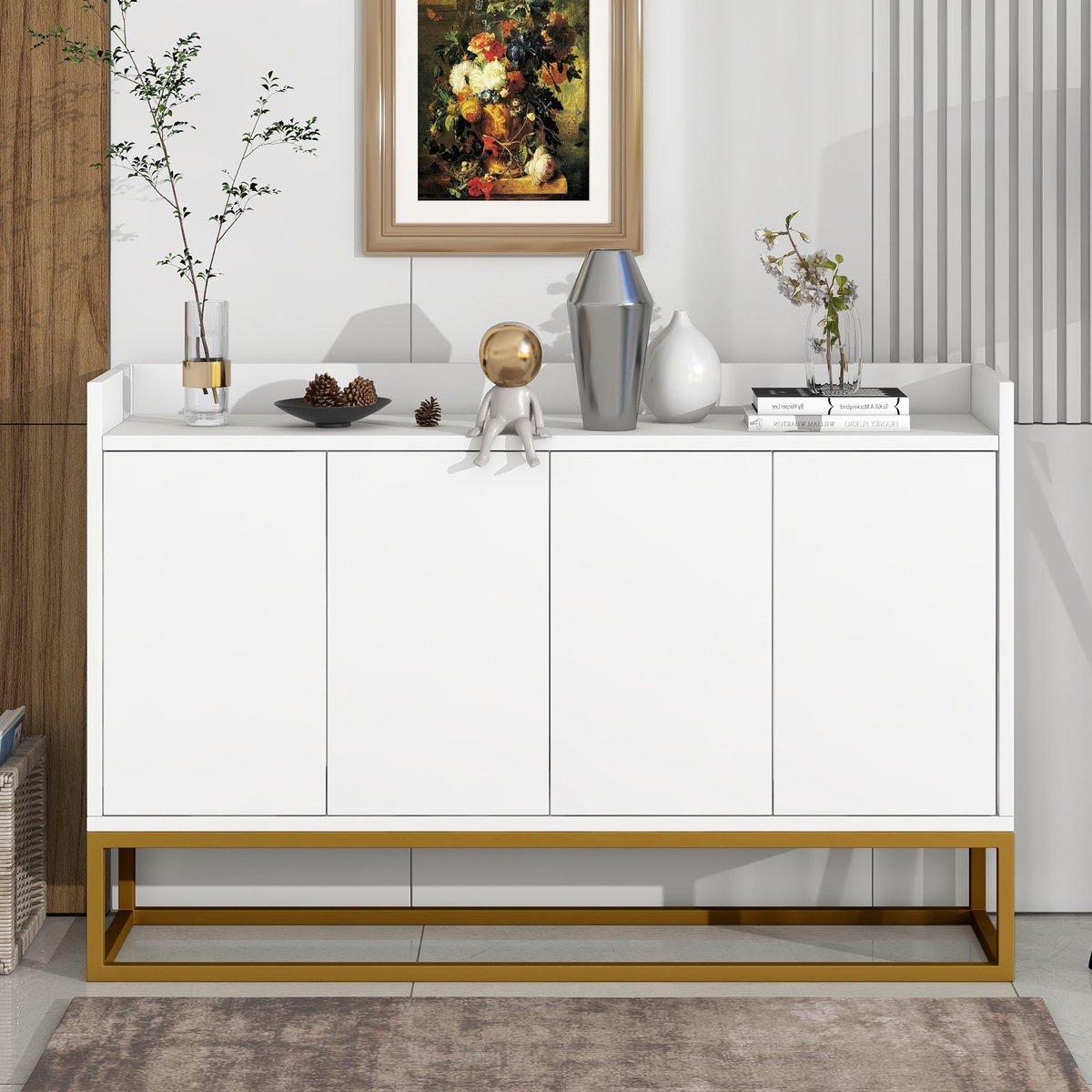 KOMHTOM BLACKCOLORS Modern dressoir in minimalistische stijl 4-deurs greeploze buffetkast voor eetkamer, woonkamer, keuken (wit)
