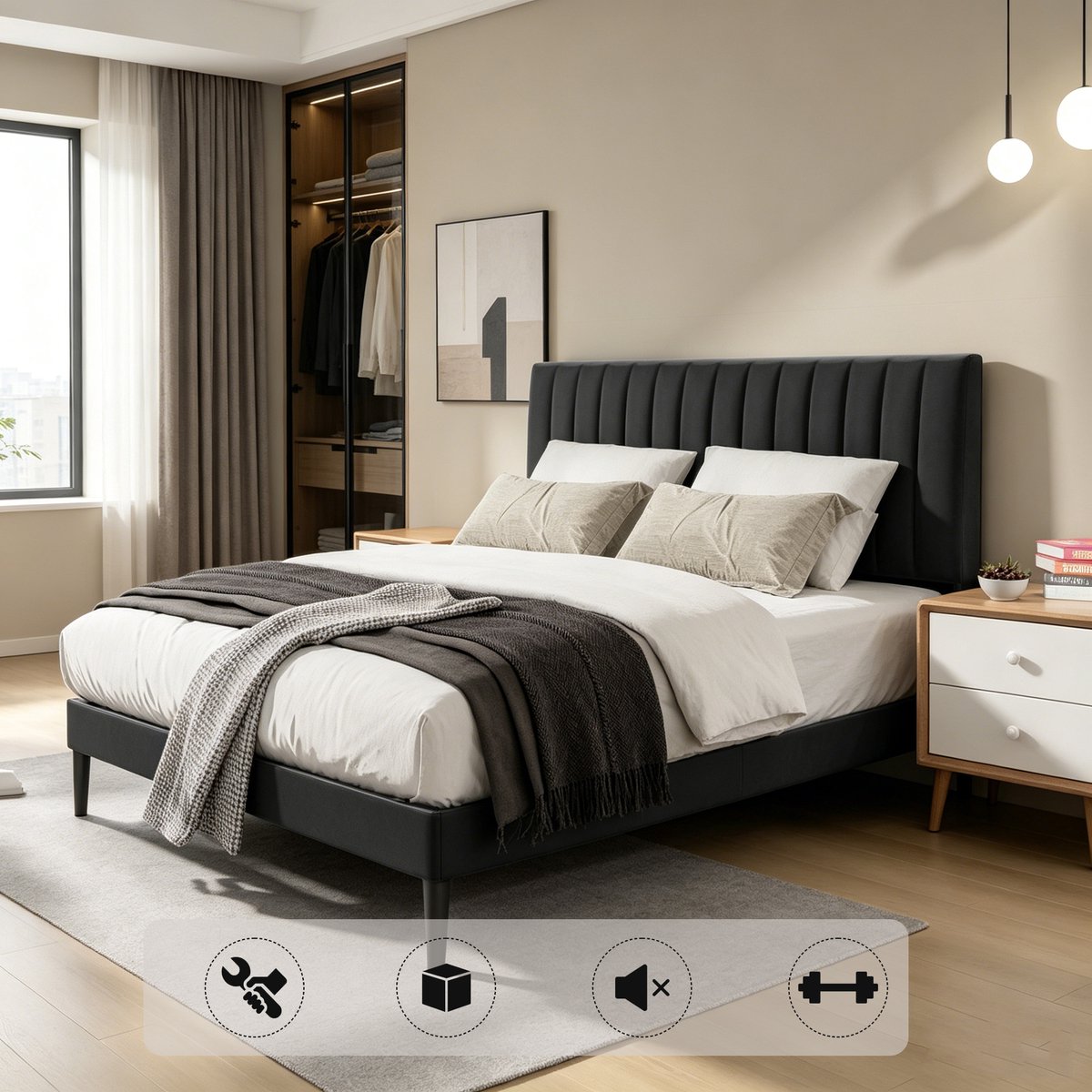 KUTAS Gestoffeerd bed 140x200 CM - Tweepersoonsbed - Heavy Duty Metalen Bedframe - Met Verstelbaar Gestoffeerd Hoofdbord Zwart - Met Opbergruimte en Lattenbodem - Eenvoudige Montage