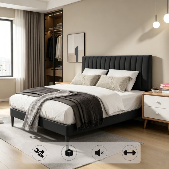 Auralum Max Gestoffeerd bed 140x200 CM - Tweepersoonsbed - Heavy Duty Metalen Bedframe - Met Verstelbaar Gestoffeerd Hoofdbord Zwart - Met Opbergruimte en Lattenbodem - Eenvoudige Montage