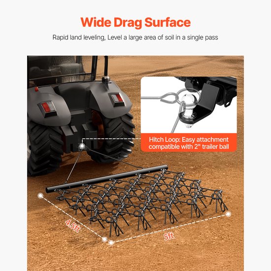 Brede metalen eg met 60 tanden, 5x4,5 voet, gekoppeld aan een tractor.