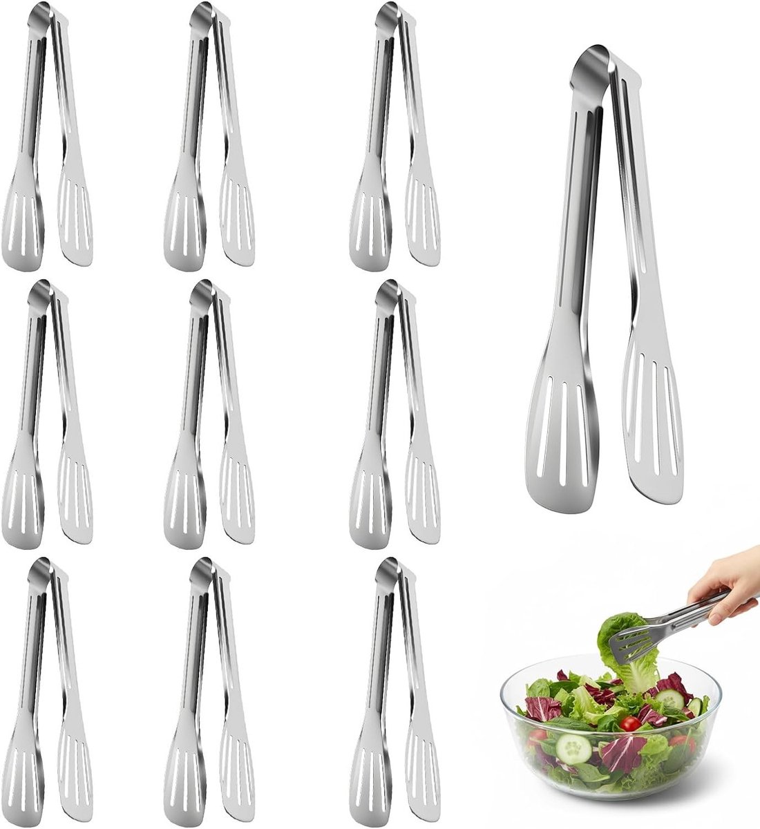 Set van 10 RVS Keuken Tangens van 7 Inch - Grill, Koken en Airfryer Tangen voor Keukengebruik, Duurzaam en Ergonomisch
