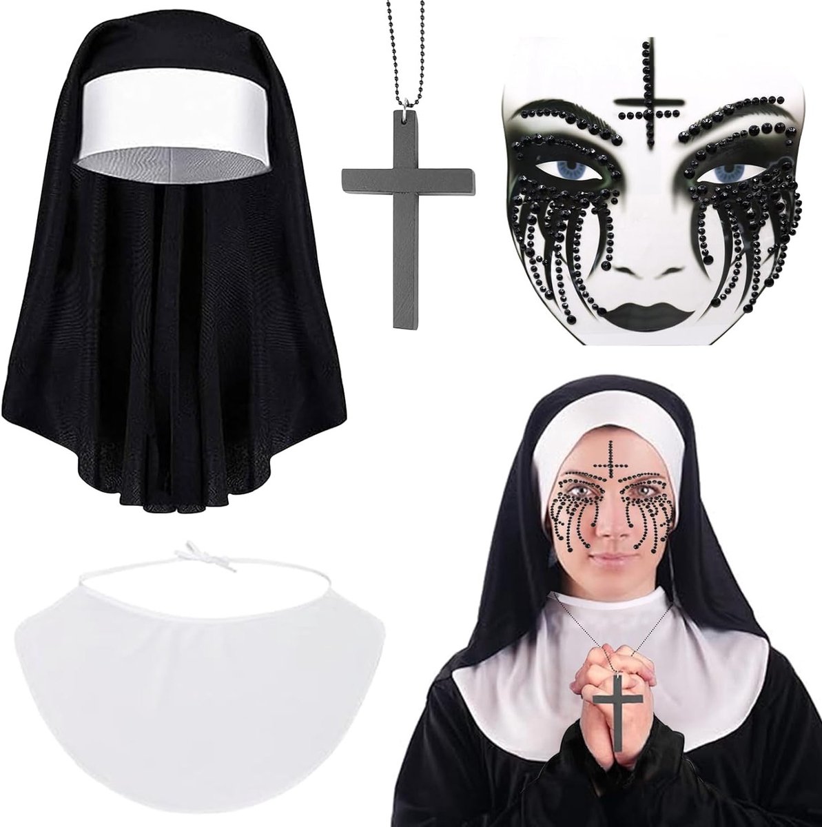 4-delige nonnenkostuum voor dames, griezelige Halloween outfit, inclusief kruis ketting, glinsterende gezichtsteentjes, kap en kraag, perfect voor Halloween, carnaval en cosplay