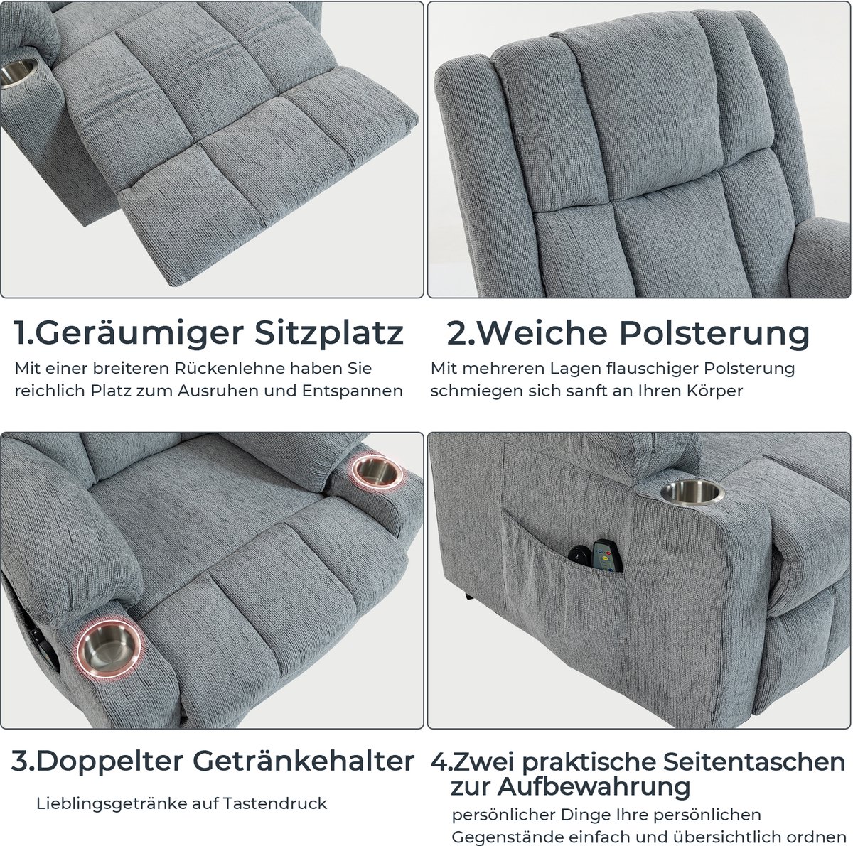 MIVRAY Sta-op Stoel - Elektrische Relaxfauteuil Met Massage En Warmte - Voor Senioren En Woonkamer - Fluweel Lichtgrijs – foto 2
