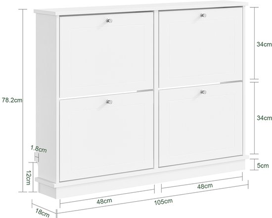 Afmetingen van de witte schoenenkast: 105×18×78 cm, met vier vakken.