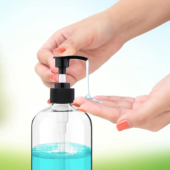 Set van 4 lege plastic pompflessen van 500 ml (16 oz), draagbaar, transparant, cilindrisch, BPA-vrij, voor shampoo en lotion. Duurzame, navulbare flessen. — afbeelding 4