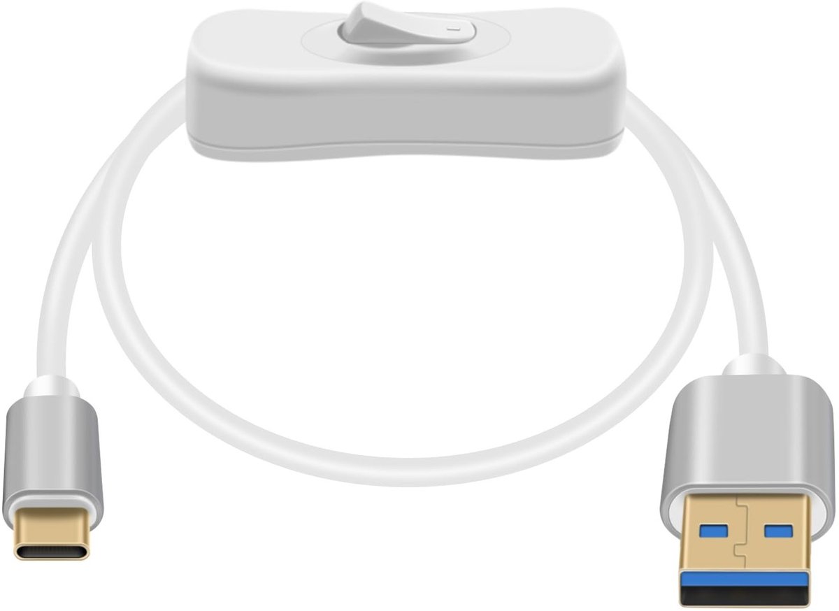 USB A naar USB C 3.0 Kabel met Schakelaar - Data- en Oplaadkabel voor Camera en Smartphone (Wit, 1m)