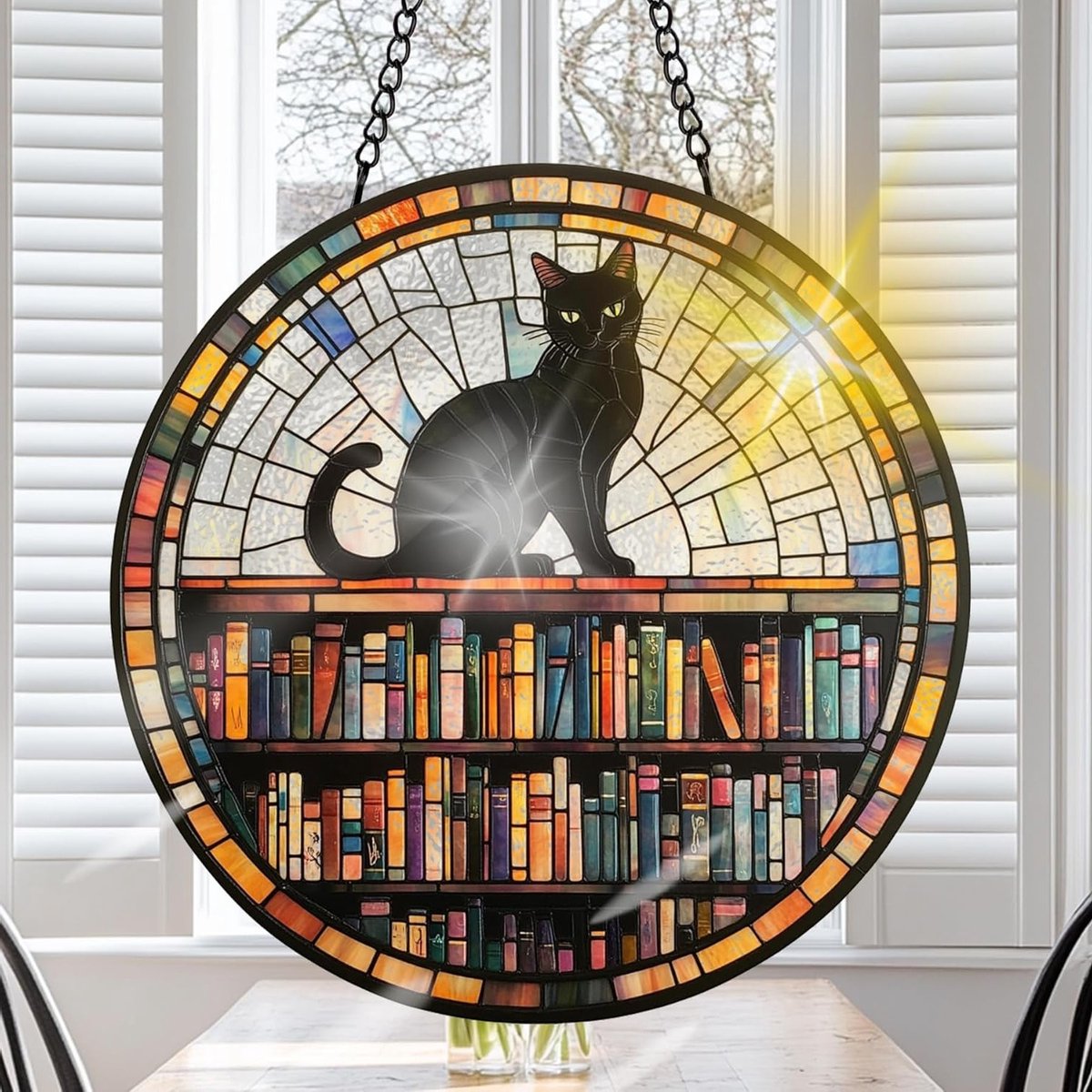 Handgemaakt Zonlicht Vanger van Gekleurd Glas met Zwarte Kat, Decoratie voor Raam, Tuin en Thuis, Perfect als Kerst- of Verjaardagscadeau (20cm)