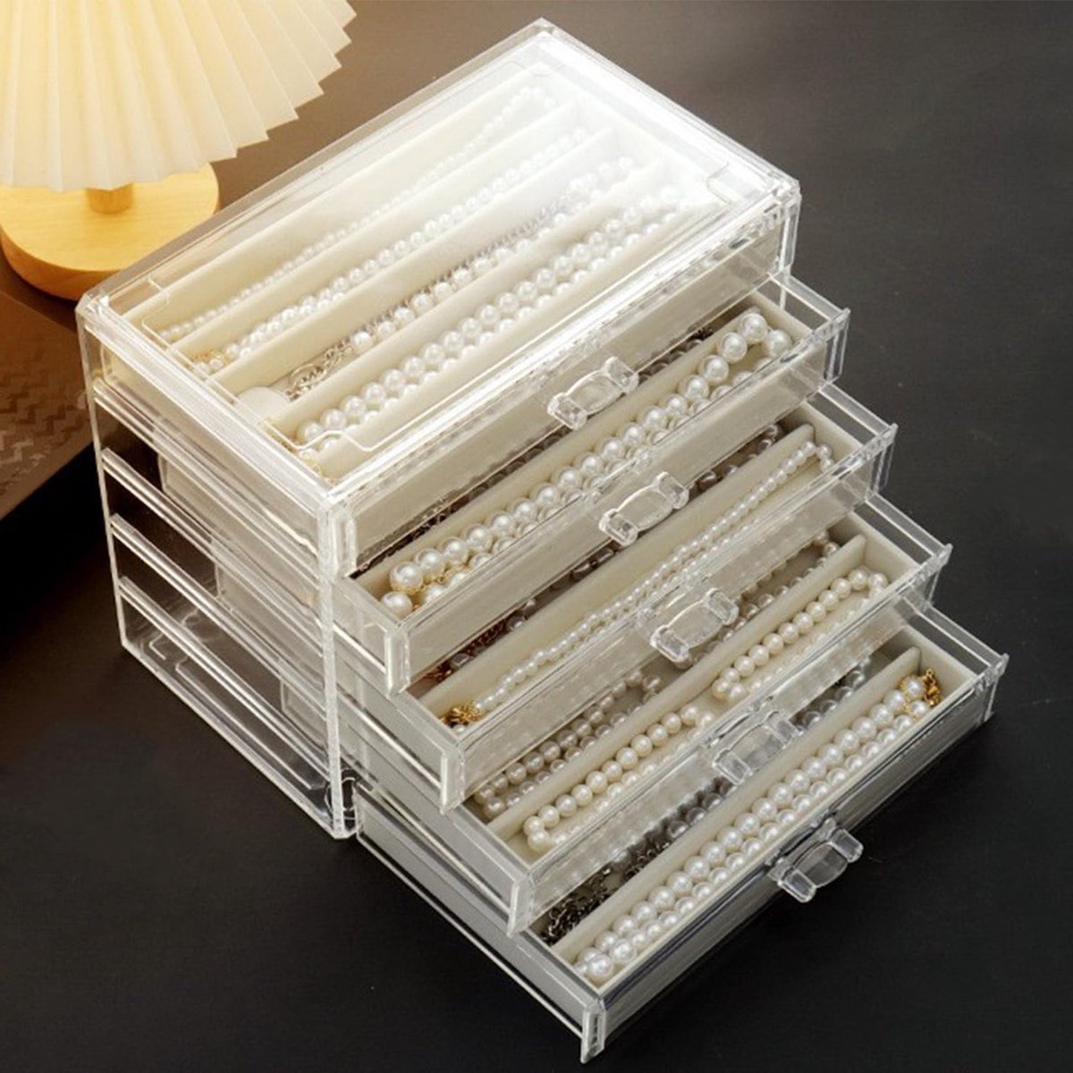 Sieradenopbergdoos voor Kettingen, Acryl Organizer met Fluwelen Lade, Stofvrije Displaydoos voor Vrouwen en Meisjes (Beige, 5 Laden)