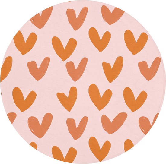 Badmat rond 70x70 cm - Antislip - Hartjes - Getekend - Oranje - Badmatten voor badkamer - Badkamermat - Douchemat - Ronde badkamer mat