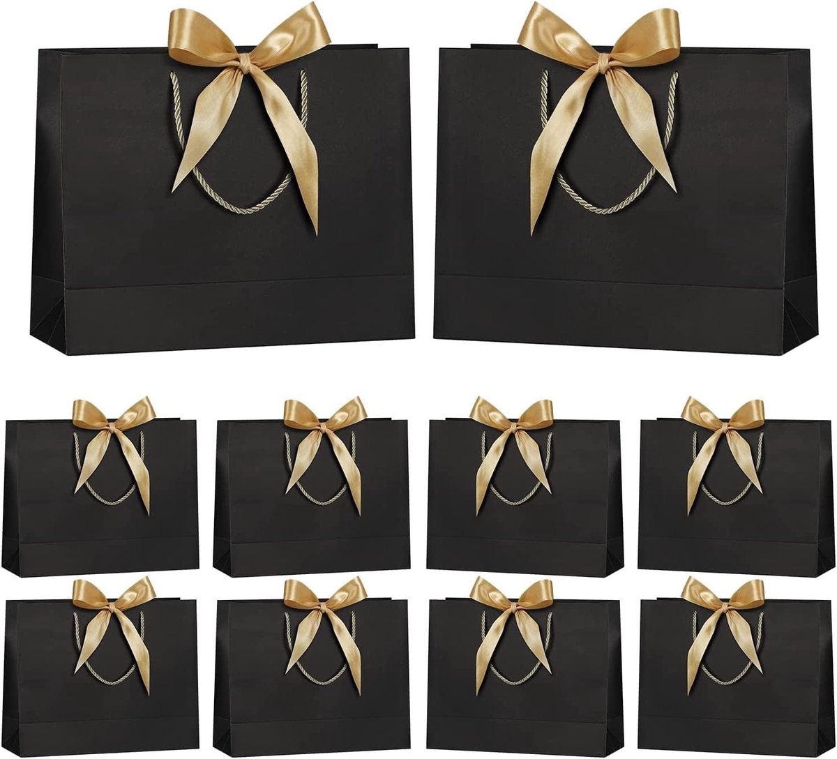 Grote Cadeauzakken met Gouden Strik - 10 Stuks - 32x25x11 cm Papieren Tas voor Verjaardagen, Bruiloften en Feestelijke Gelegenheden
