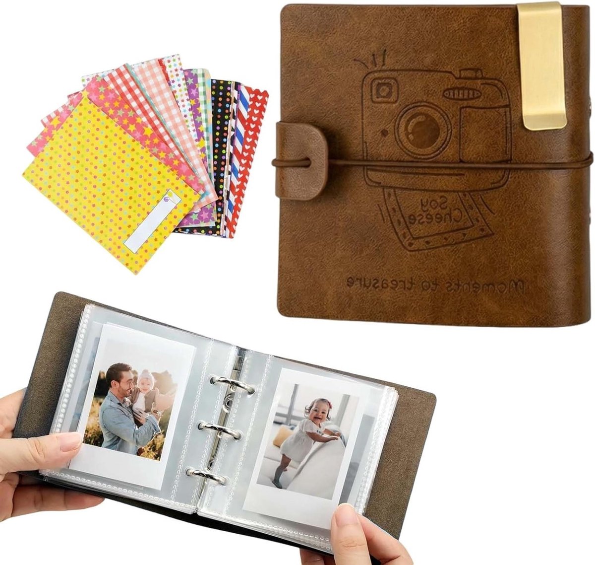 Klein fotoalbum met 50 pagina's voor 100 foto's, inclusief decoratieve clip en stickers, perfect voor herinneringen en creatief gebruik