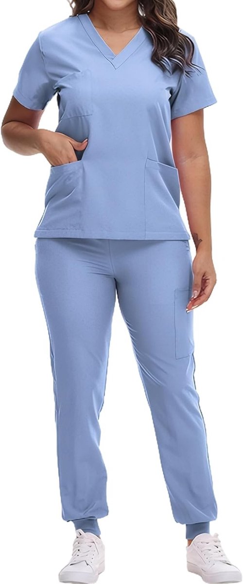 Sneldrogende Tuniek en Broek Set voor Vrouwen - Medisch Uniform, Verpleegkundige Kleding, Spa Werkoutfit met V-hals en Korte Mouwen