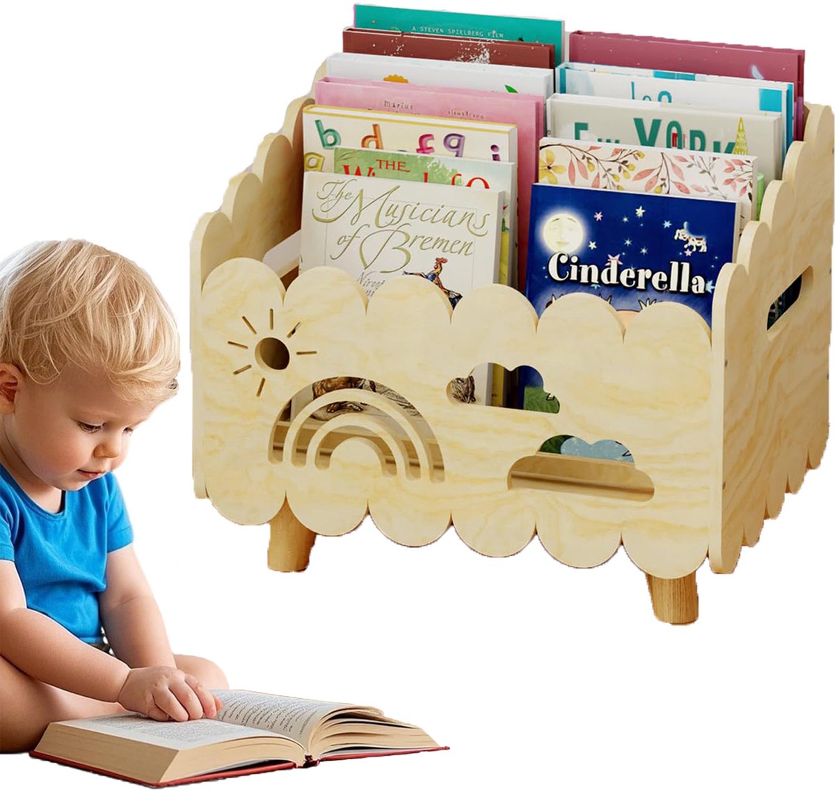 Houten kinderboekenkast van massief hout - Montessori boekenkast met 2 verstelbare scheiders - Opbergmeubel voor boeken en speelgoed - Voor kinderkamer, babykamer en klaslokaal