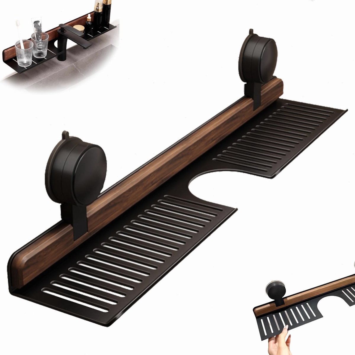 carmdering - Kraanplank - Zuignap Plank - Wandplank Badkamer - 40 cm, walnoot hout, zwart, draagvermogen 2 kg - Zuignappen, geen gereedschap - Eenvoudig schoon te maken - Perfect voor tandenborstel en scheermes