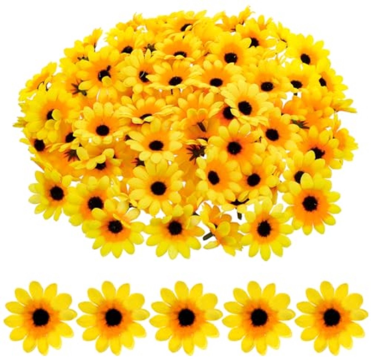 PromoHome Kunstzonnebloemen 100 stuks 4,5 cm - Gele zijdebloemen voor decoratie, bruiloft, feest, tafeldecoratie en DIY - Minibloemen