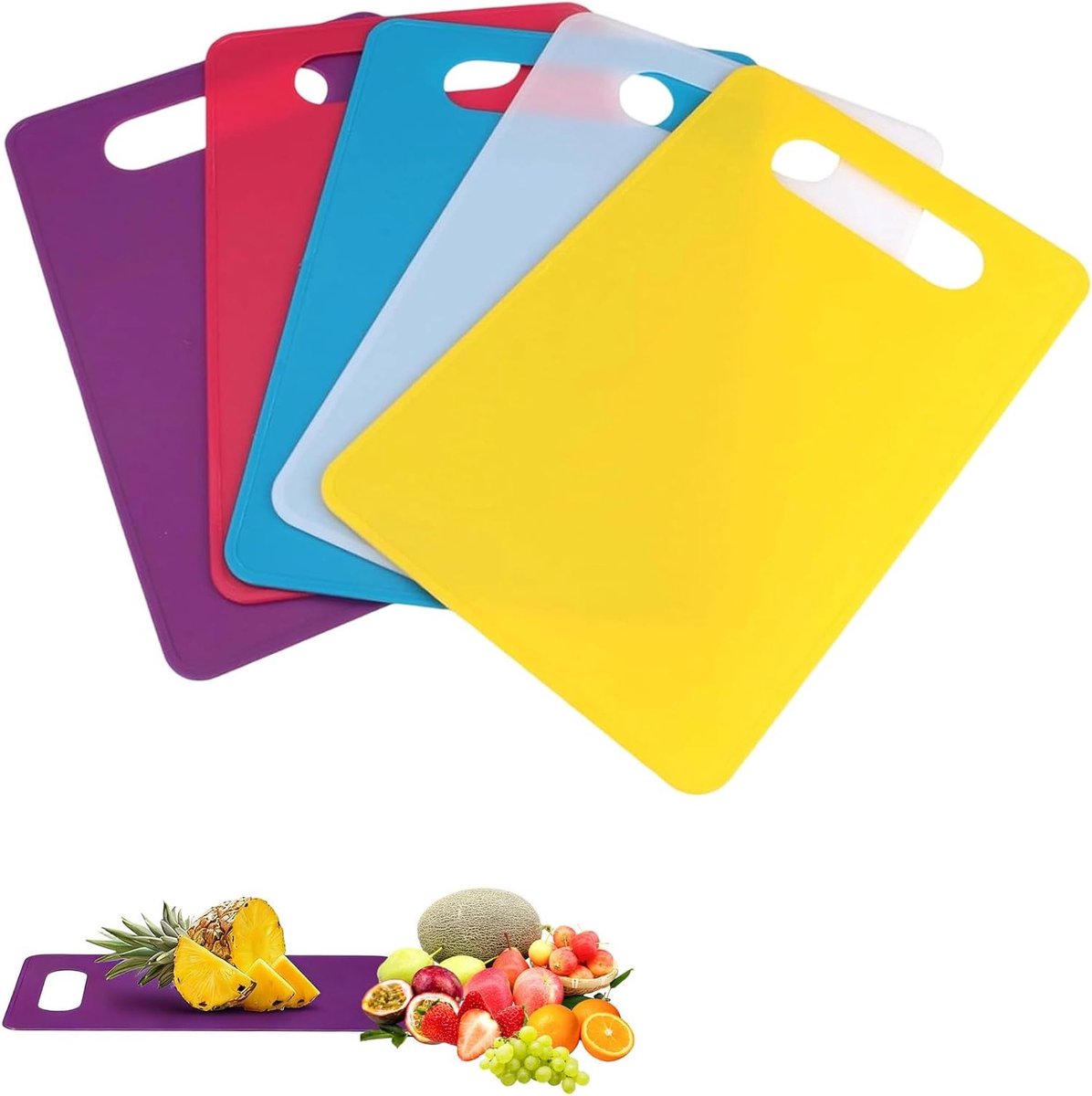 Set van 5 Plastic Snijplanken voor de Keuken, 29 cm x 19 cm, BPA-vrij, Geschikt voor Groenten, Fruit en Vlees, Vaatwasmachinebestendig en Met Handvat