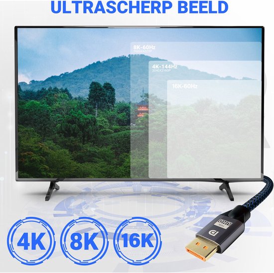 Televisie met berglandschap en overlappende resolutie-informatie. Eén DisplayPort kabel met '16K UHD' logo onderaan.