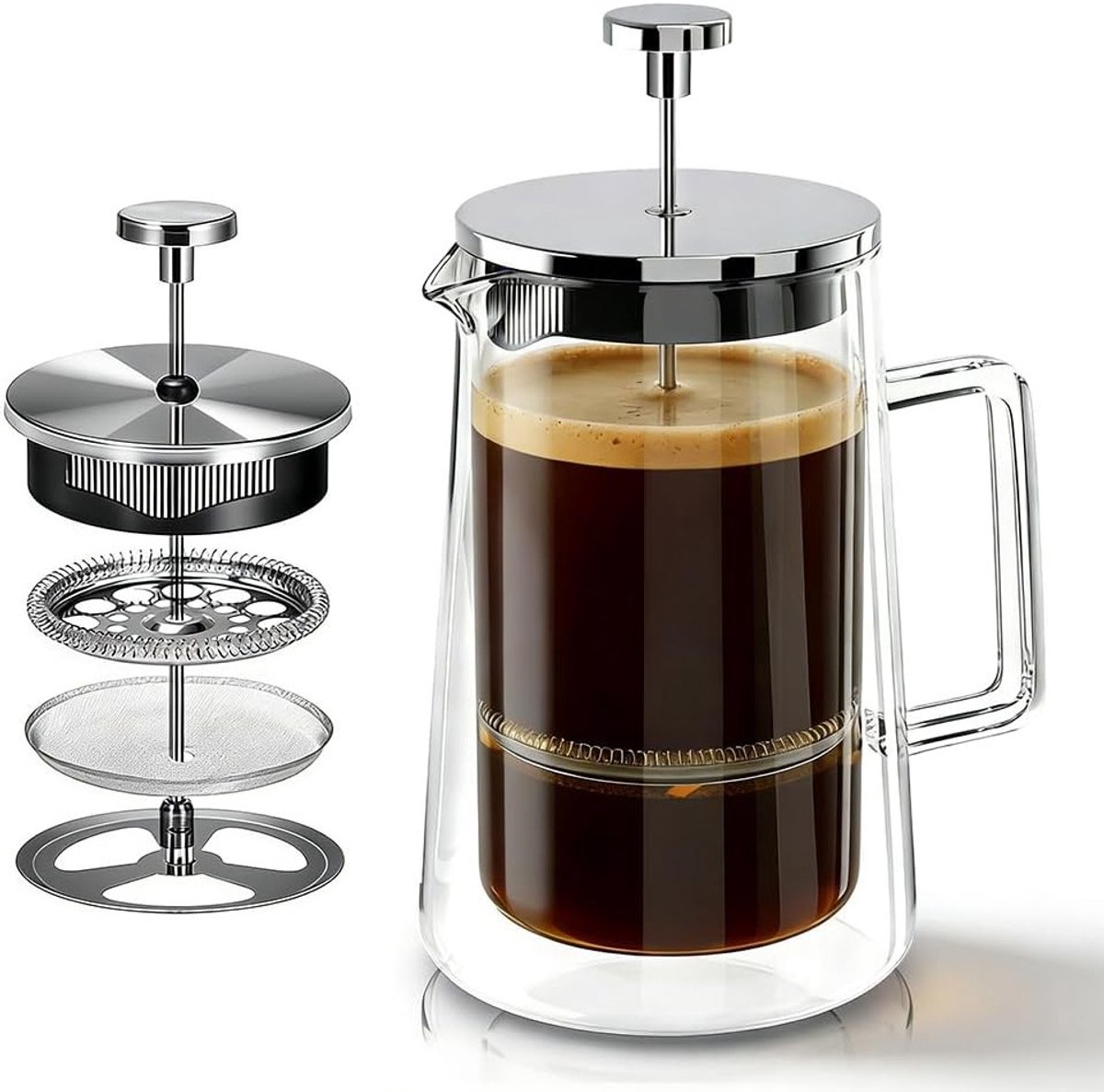 Thermische French Press Koffiezetter, Dubbelwandige Koffiepers van Borosilicaatglas en RVS, Vaatwasserbestendig met 1000 ml Capaciteit voor Perfecte Koffie en Thee