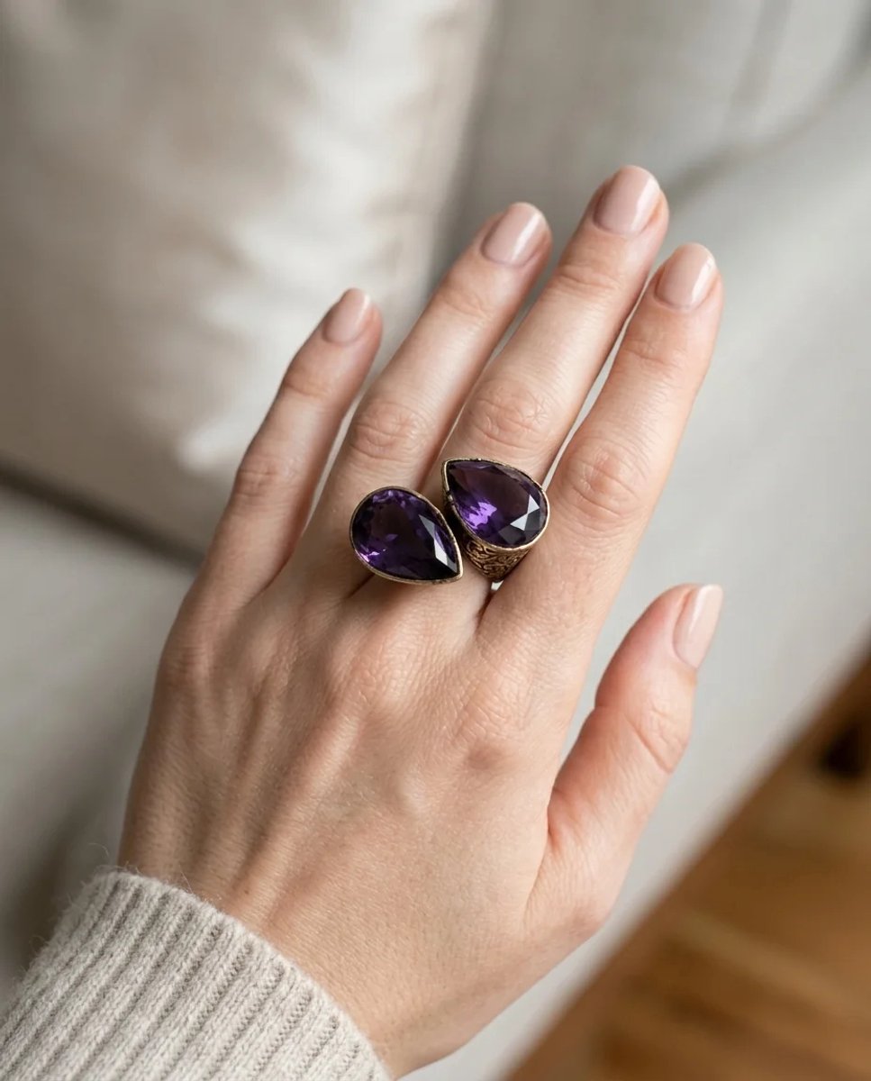 Dorvina Bronzen Vintage Dames Ring Authentiek Sieraad Paars Damla Steen Van Voren Ayarlalanabilir