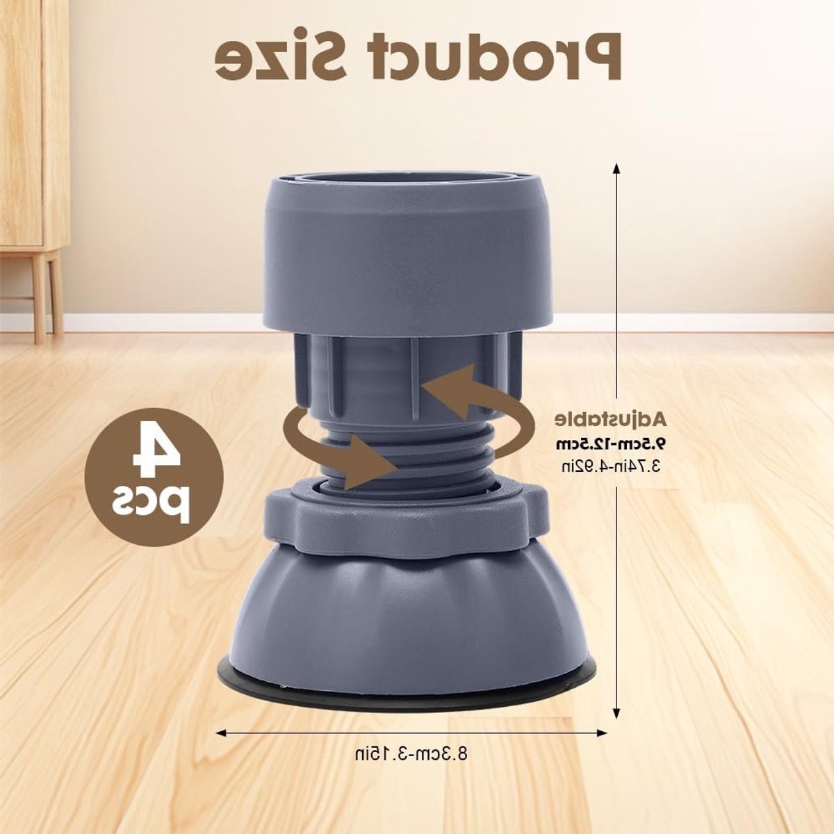 Trillingsdempers voor wasmachines, 4 stuks, antislipmatten en verstelbare onderleggers voor optimale stabiliteit en geluidsreductie, geschikt voor wasmachine en droger, hoogte 10-12 cm (grijs)