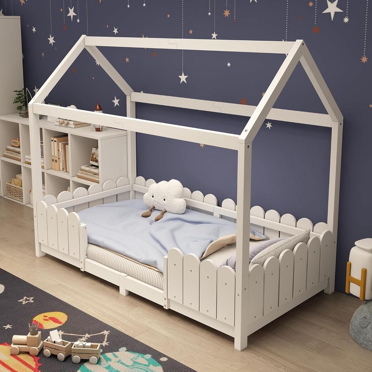 Kinderbed Huis - Houten Bed - Spelen en Slapen - Met Dak enhek - 90x200 cm - Wit