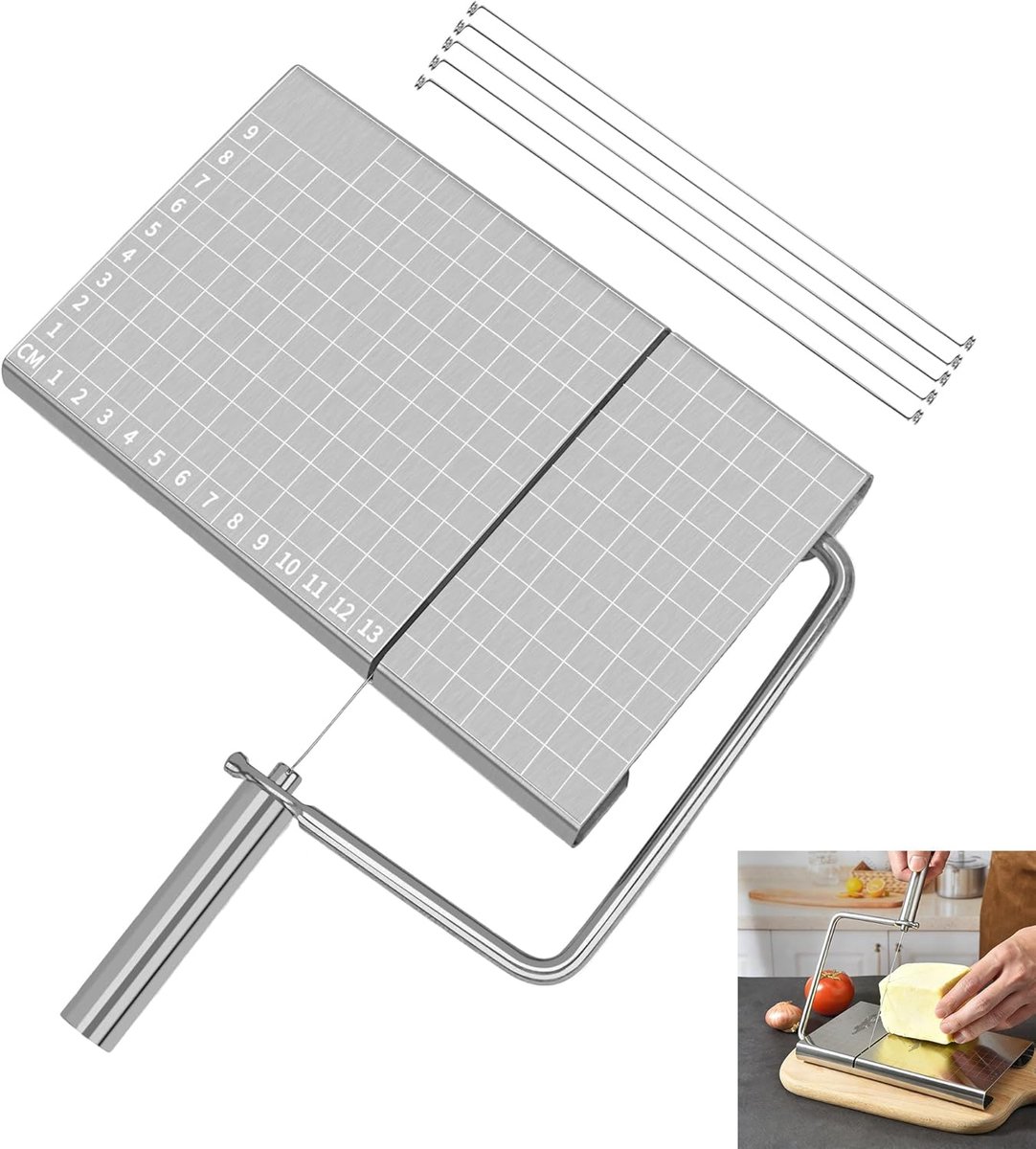 Kaassnijder Met Kom - Boter Snijder - Keuken Hulp - Verwisselbaar Draad - 21 cm - Zilver