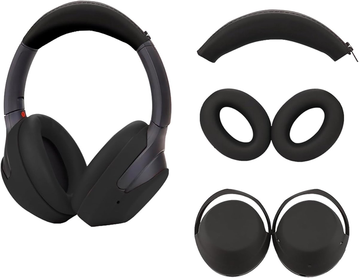 geschikt voor Sony WH-1000XM4 WH-1000XM3 koptelefoon, siliconen koptelefoonhoes/oorkussens/hoofdbandbeschermhoes, zweetbestendig zachte koptelefoonaccessoires, geschikt voor WH-1000XM4 driedelige set (rits hoofdband, oorkap, behuizing), zwart