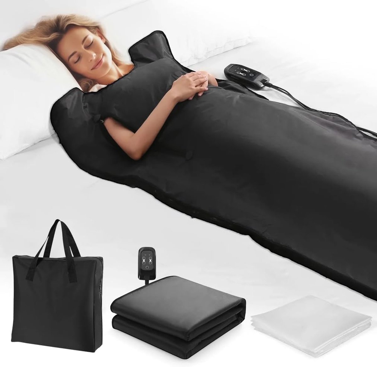 Saunadeken Infrarood - Draagbare Sauna - Ontspanning Detox - Met Mouwen - 45-80°C Timer - Zwart