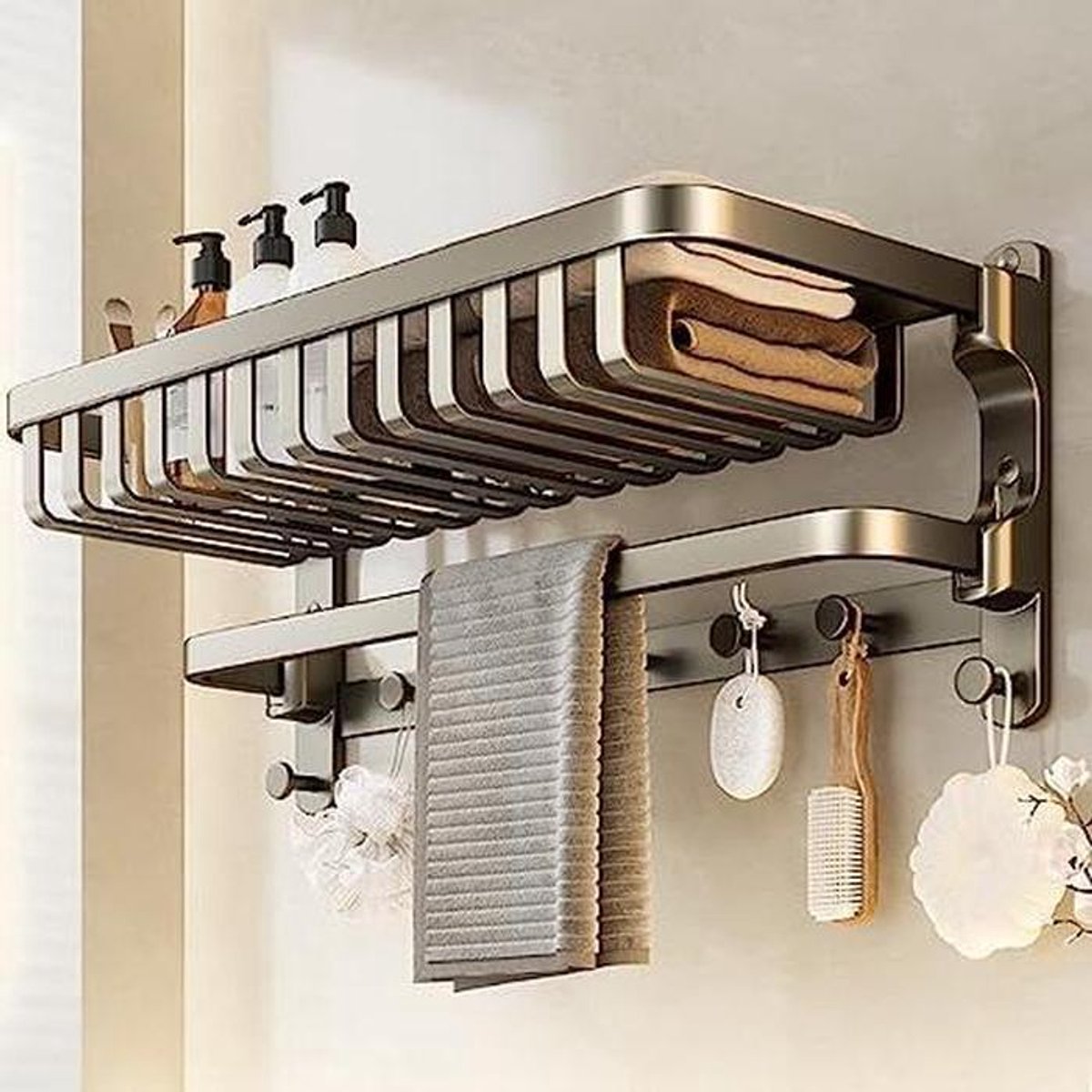 Zelfklevende Handdoekhouder - Handdoekrek met Haken - Badkamer Organisatie - Ruimtebesparend Kantelbaar Ontwerp - 60cm - Matgrijs