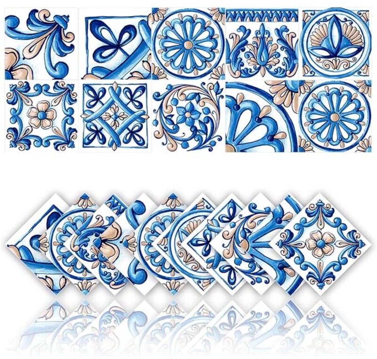 Decoratieve muurstickers, waterdicht PVC-materiaal, 10 vellen per verpakking, retro mozaïekstijl, 2D-stickers, geschikt voor badkamers en keukens.